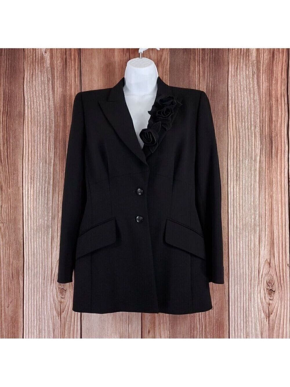 Escada Womens Size 36 Black Floral Two Button Notch Lapel Wool Blazer Jacket